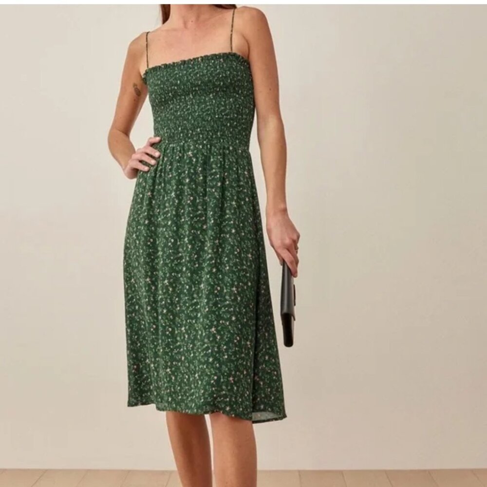 Reformation green Sable Floral Print Smocked Tiered midi Dress